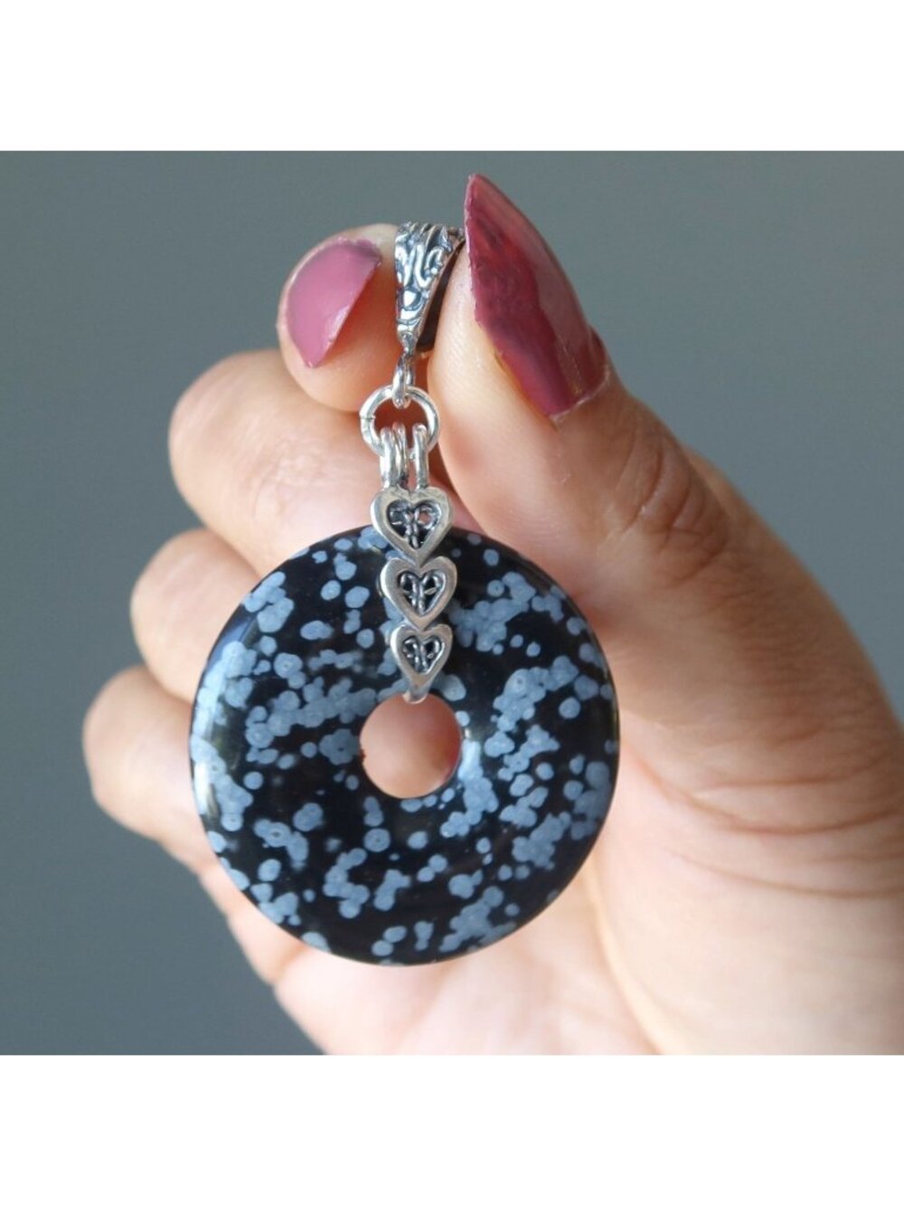 Snowflake Obsidian Pendant Infinite Loop Black Gray Crystal Sterling Hearts